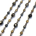 Beaded Chain Czech Glass 6mm Jet Gold Speckled Fire Polish/4mm Fire Polish